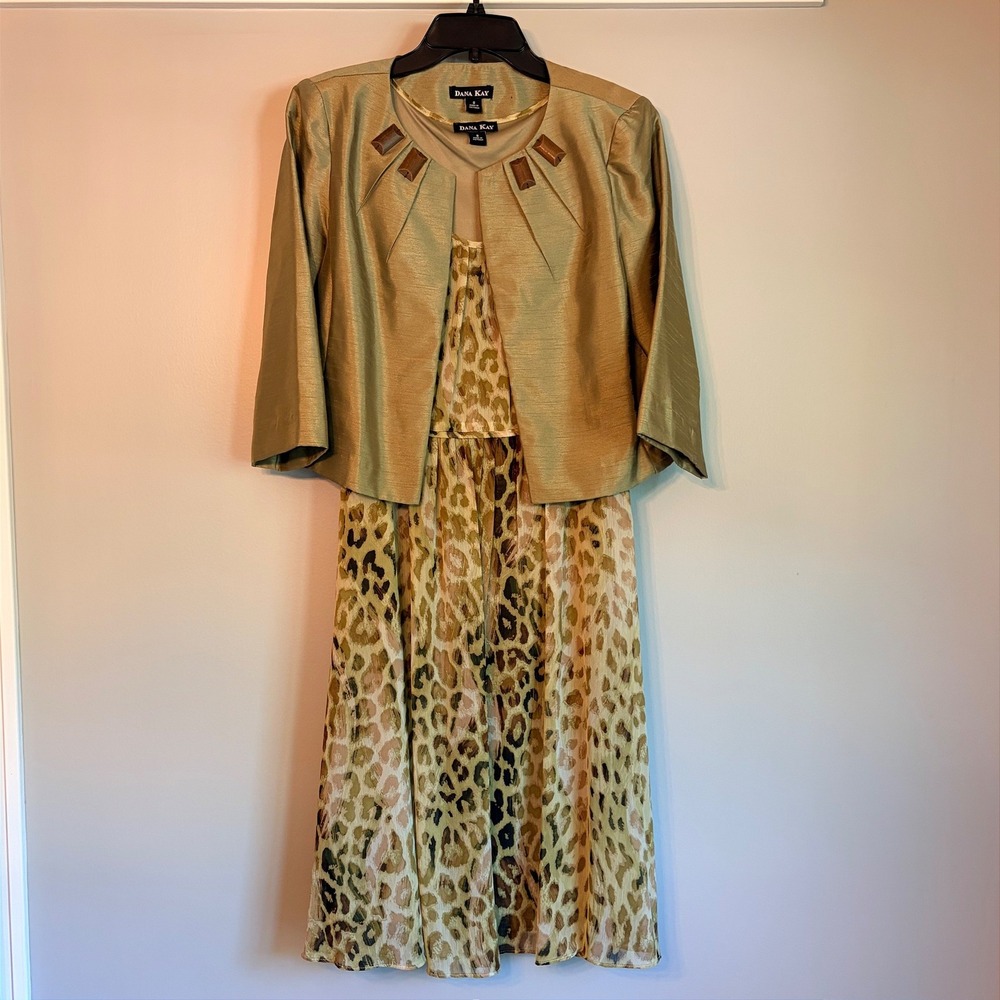 Dana Kay 2 Piece Dress Set Chartreuse Leopard Print Chiffon Shantung Jacket Sz 8
